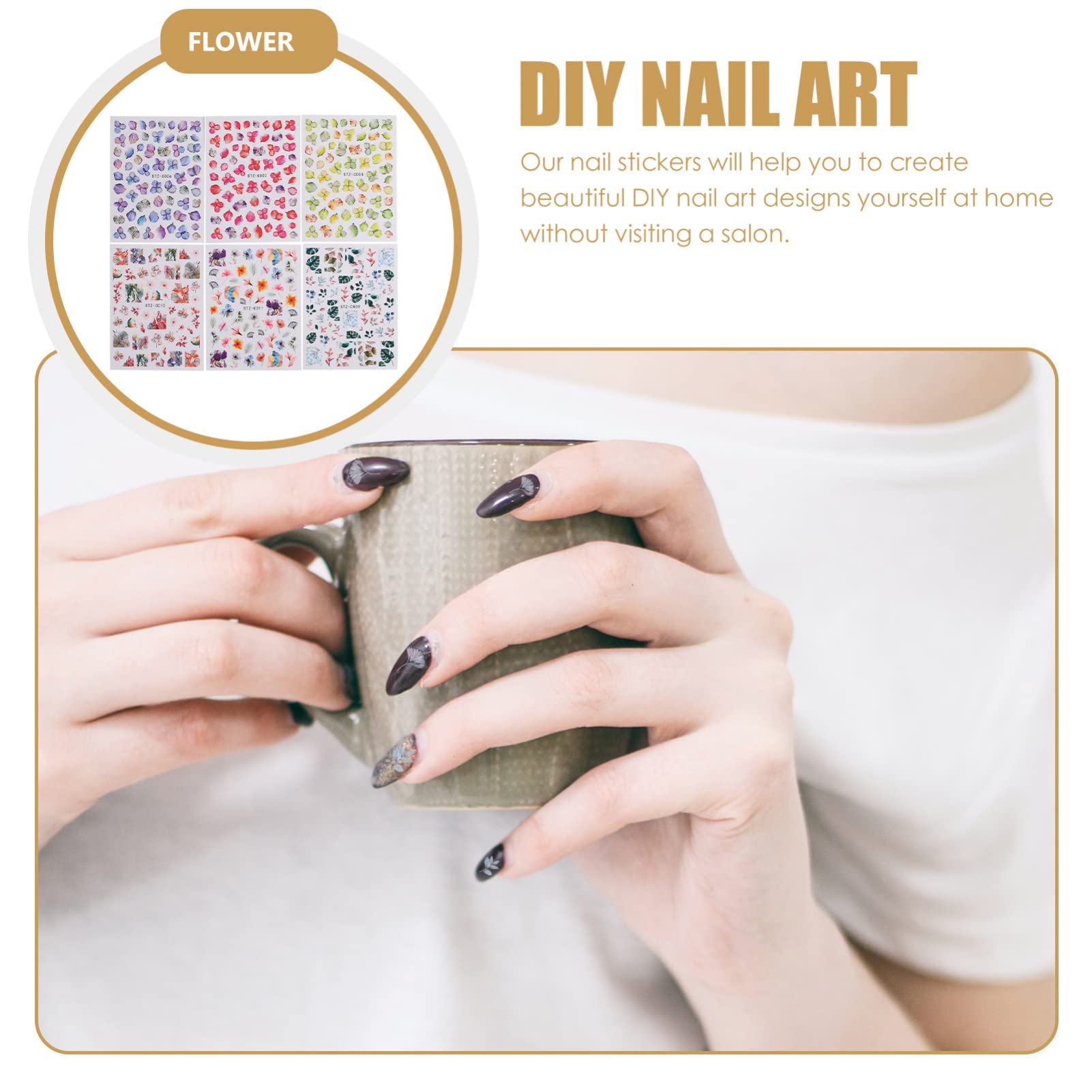 EXCLUZO 6 Sheets Self-Adhesive Nail Art Decals - Floral Nail Stickers for Women, DIY Manicure Designs, Waterproof Nail Decorations for Parties, Weddings & Special Occasions