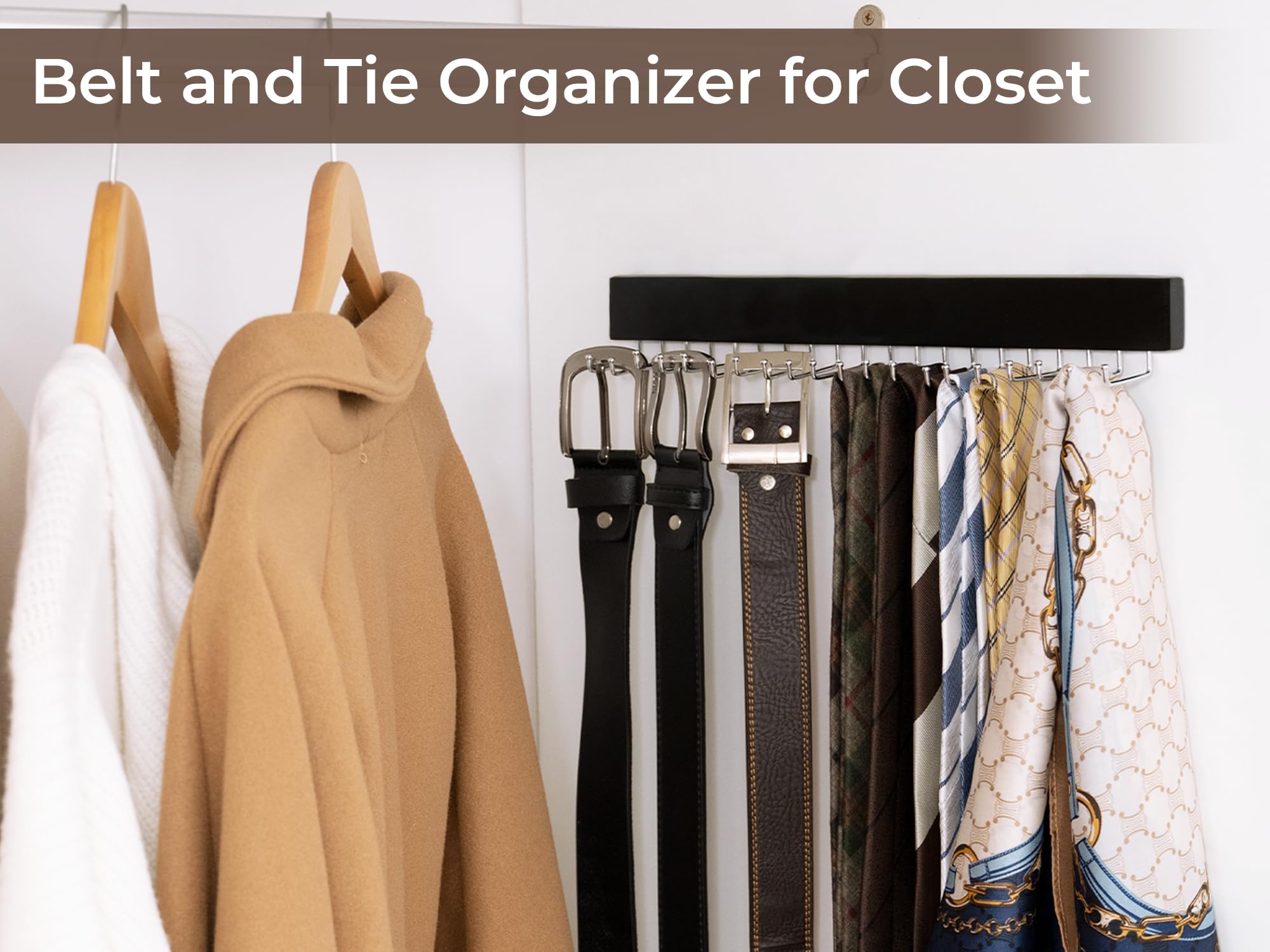 StorageWorks 2-Pack Wooden Tie Rack with 20 Hooks - Wall Mounted Organizer for Neckties, Belts, Hats & Accessories - Space Saving Closet Storage Solution for Home & Office (Black)
