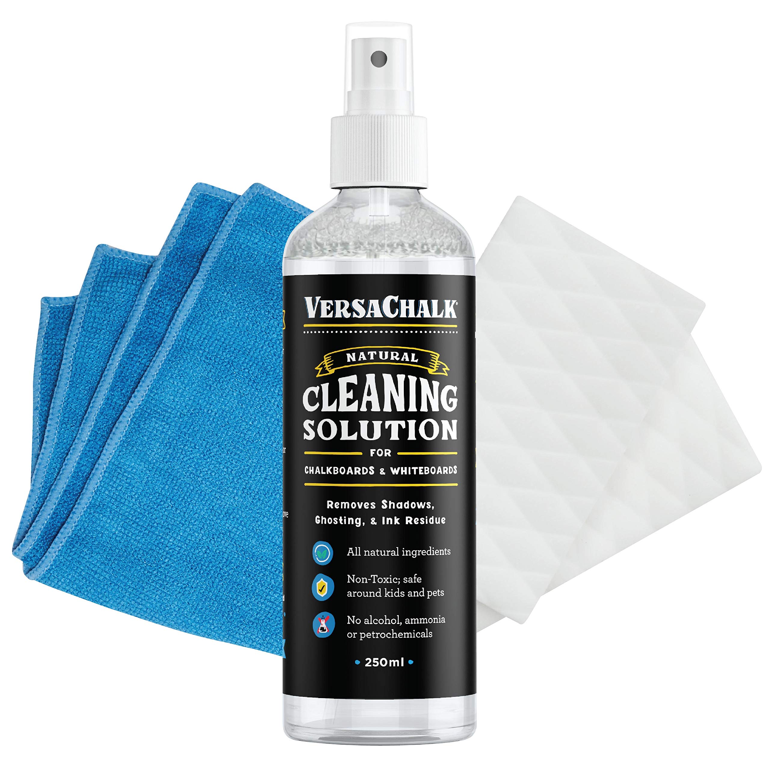 VersaChalk 100% Natural Chalkboard Cleaner Spray & Eraser Kit (30 mL) - Remove Liquid Chalk Marker from Chalkboard, Whiteboard & Blackboard - Perfect for Restaurants, Classrooms & Office Signs