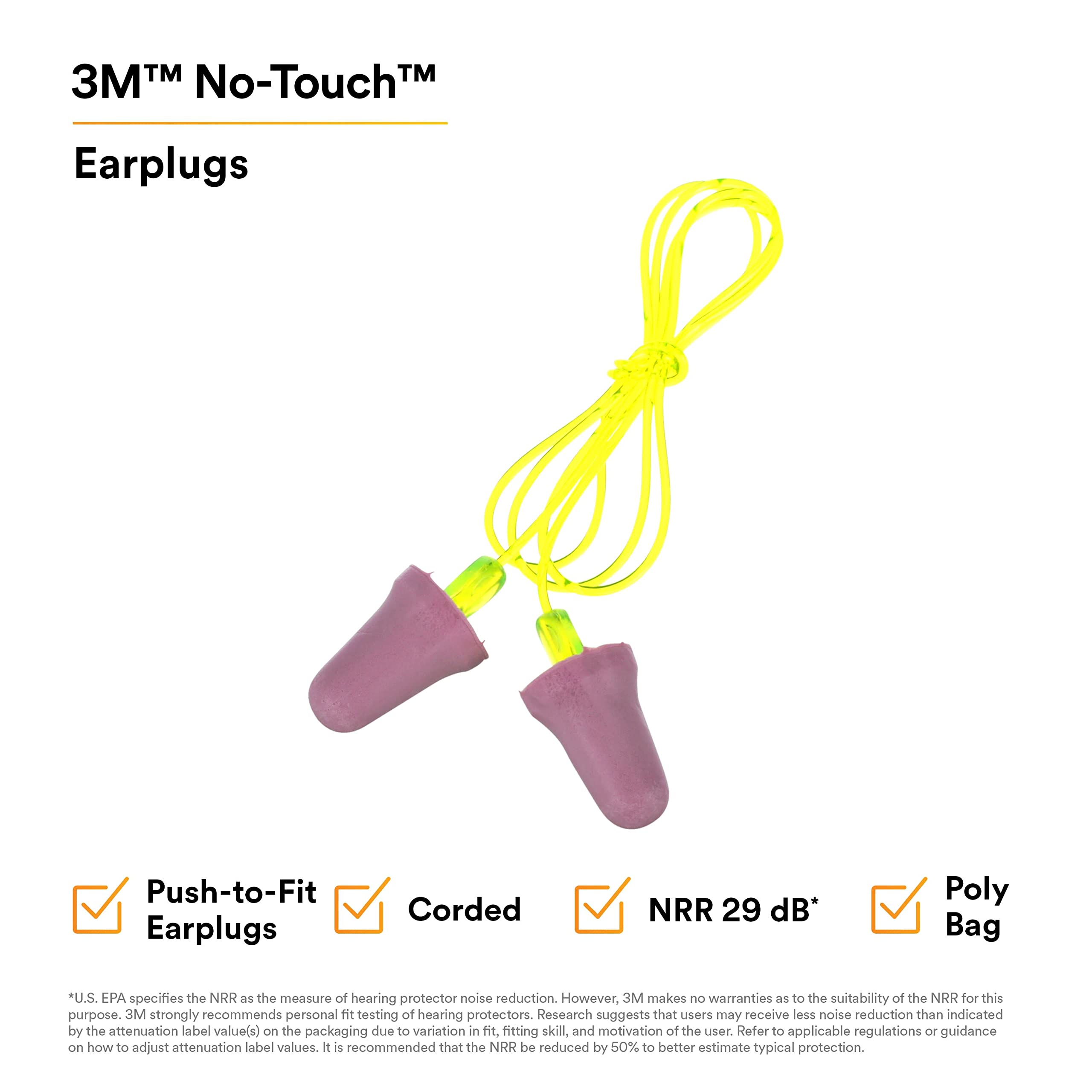 3M No-Touch Push-to-Fit Earplugs P2001 with Cord - Noise Reduction for Sleeping, Studying & Work - Comfortable Hearing Protection for Construction, Travel & Concerts