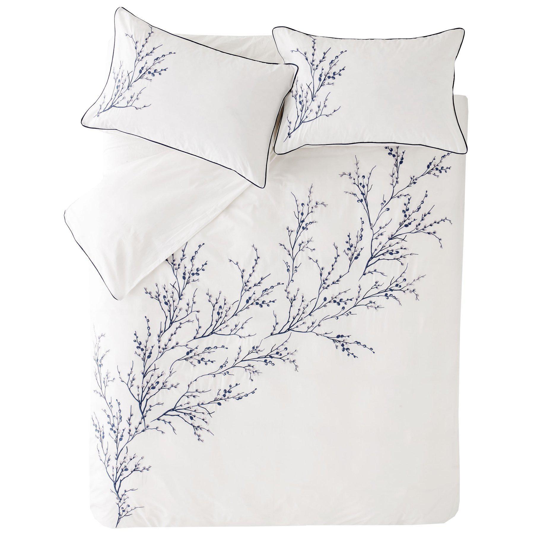Laura Ashley Pussy Willow Embroidered Duvet Cover Set - Queen Size Floral Bedding with Sprig Design for Cozy Bedroom Decor | Perfect for Master Bedroom, Guest Room & Vacation Homes