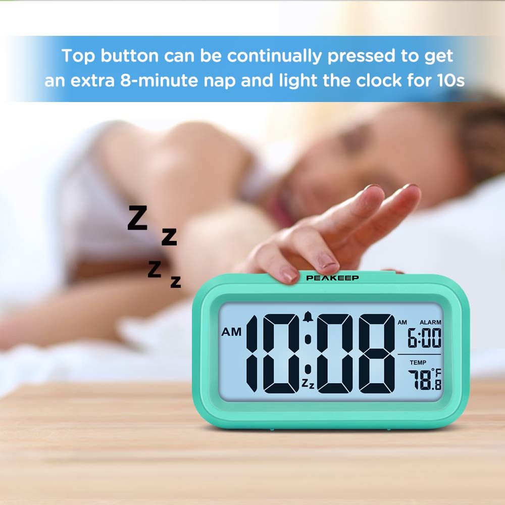 Peakeep Battery Operated Digital Alarm Clock with Night Light & Indoor Temperature Display - Compact Desk Clock for Bedroom, Nursery, Office (Mint Green) | Perfect for Nighttime Use, Baby Monitoring & Home Decor