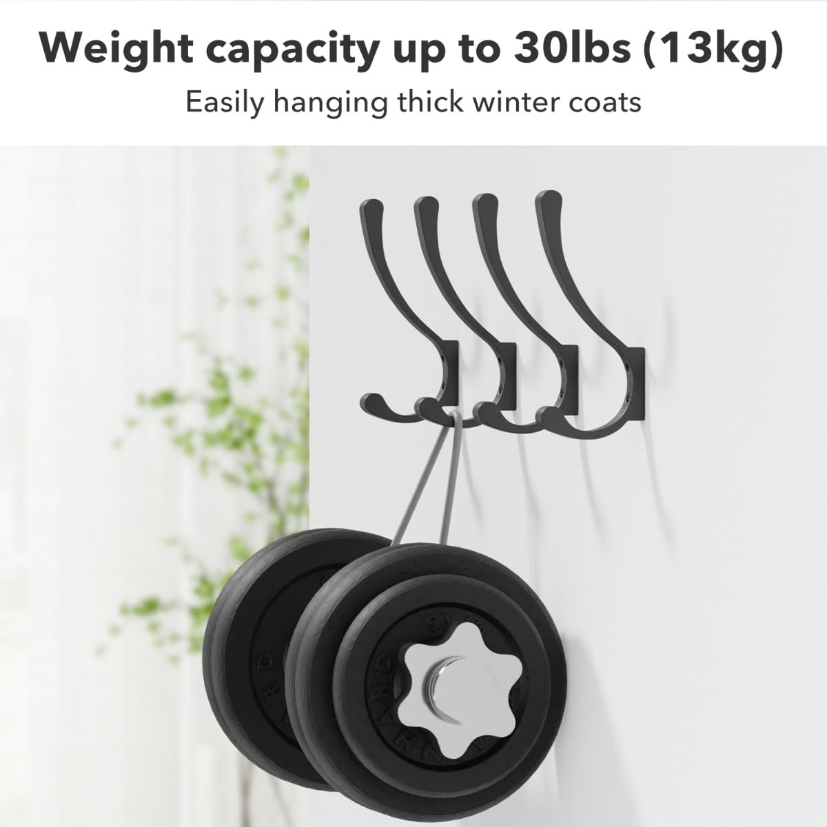4 Pack Heavy Duty Wall Hooks - Black Metal Coat Hangers for Wall Mounting, Screw-In Hooks for Coats, Backpacks, Bags & Purses - Perfect for Entryway, Closet, Bathroom & Garage Organization