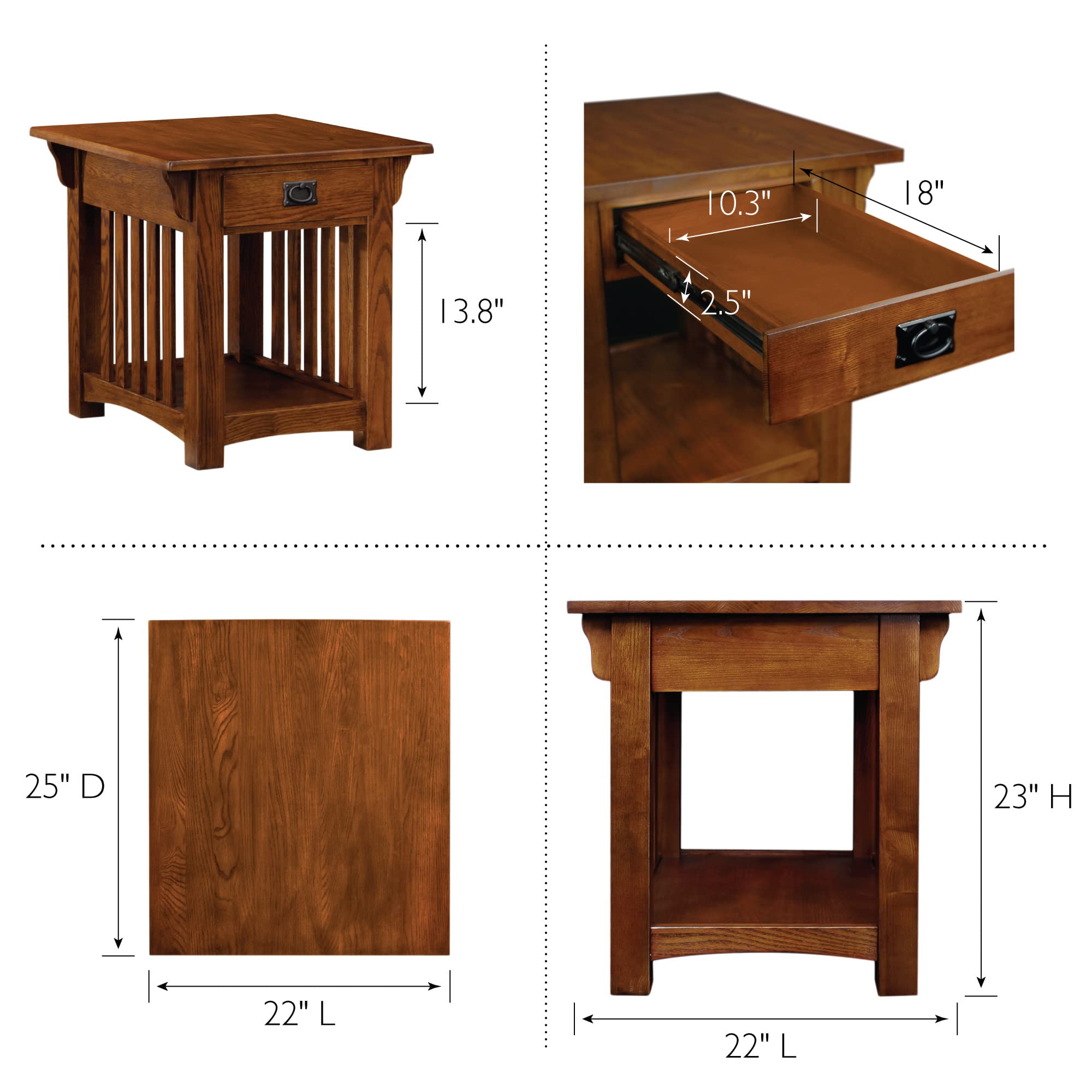 Leick Home 8207 Mission Impeccable Solid Wood End Table with Drawer - Medium Oak Finish Russet - Nightstand for Bedroom, Side Table for Living Room, Sofa Table for Home Decor