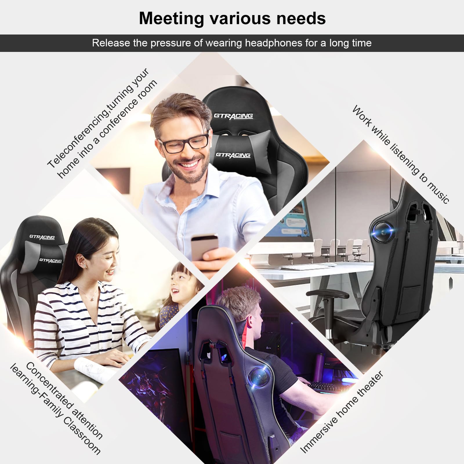 GTRACING Ergonomic Gaming Chair with Bluetooth Speakers - Heavy Duty Office Computer Desk Chair for Video Games & Music (Grey) - Perfect for Esports, Streaming & Home Office Setup