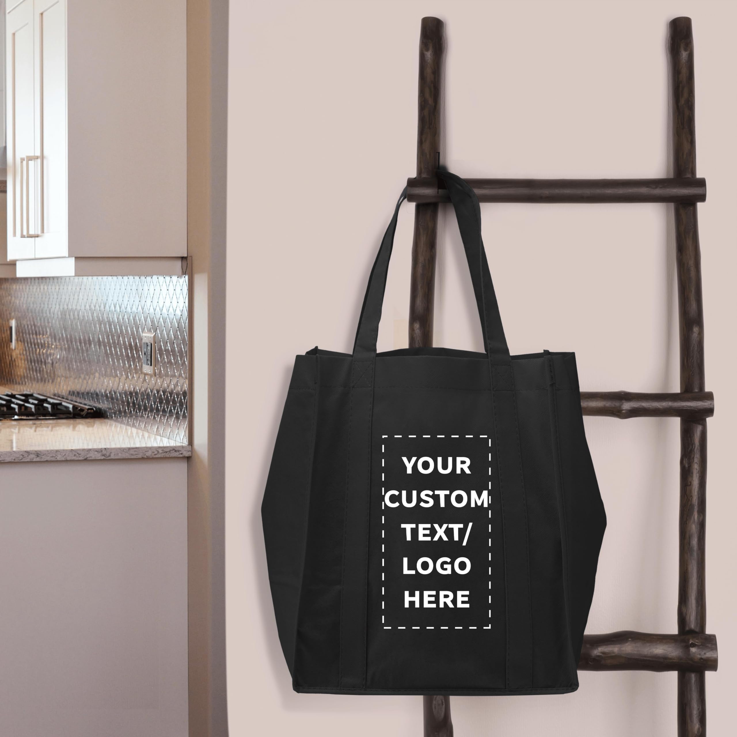 50 Pack Custom Reusable Grocery Tote Bags with Personalized Logo - Foldable Shopping Bags (12.625
