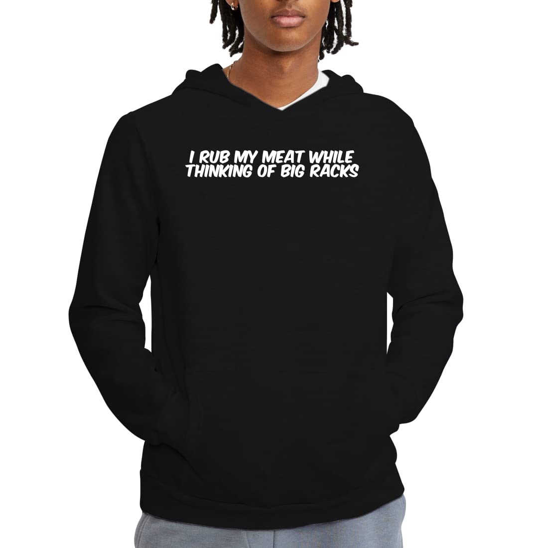 Funny BBQ Grill Master Hoodie for Men - 'I Rub My Meat While Thinking of Big Racks' Slogan Sweatshirt - Perfect for Grilling Parties, BBQ Events & Outdoor Cooking Enthusiasts