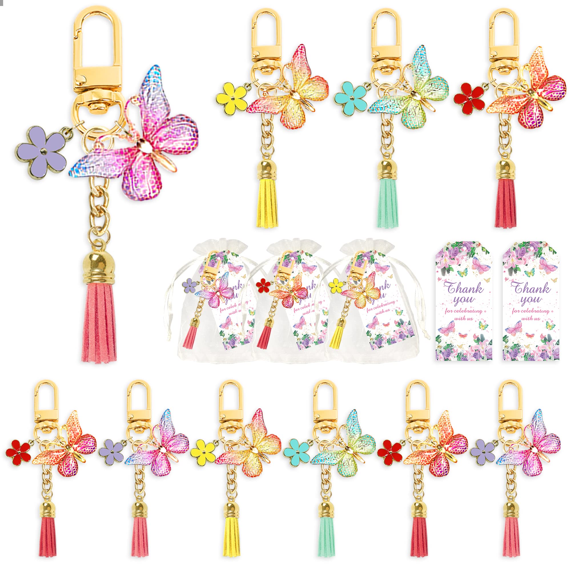 12 Sets Butterfly Party Favors - Tassel Keychain Decorations with Laser Cut Butterfly, Flower Gauze Bags & Thank You Cards for Birthday Party, Baby Shower, Fairy Theme Events - Perfect for Goodie Bags, Wedding Favors & Bridal Showers