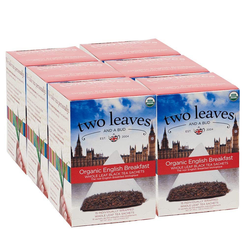 Organic English Breakfast Tea Bags - Two Leaves and a Bud | Caffeinated Whole Leaf Black Tea in Eco-Friendly Compostable Sachets | 15 Count (Pack of 6) | Perfect for Morning Boost, Afternoon Relaxation or Office Break | Add Milk & Sugar or Enjoy Plain