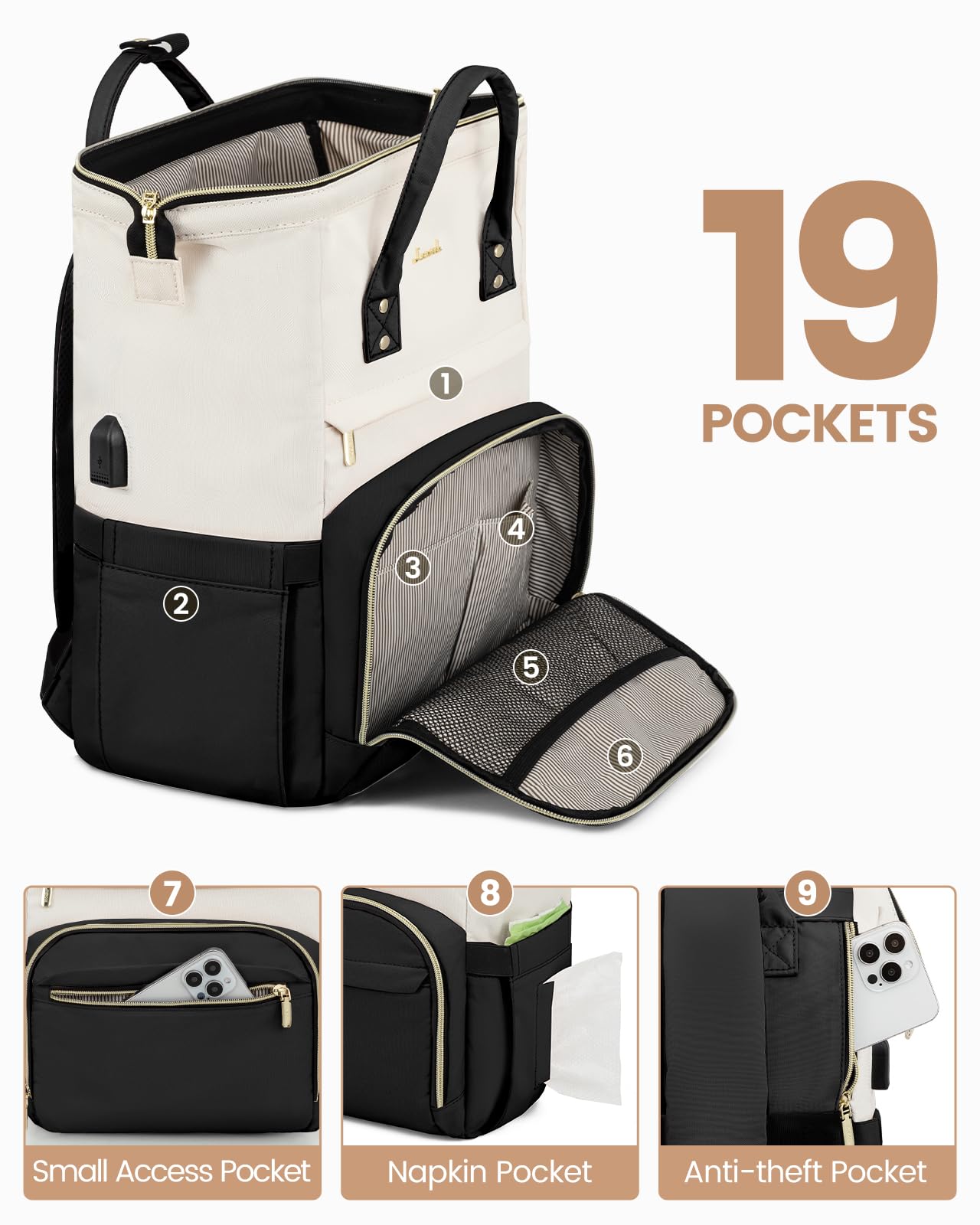 LOVEVOOK Women's Laptop Backpack - Stylish 15.6 Inch Computer Bag for Work, School & Travel - Water-Resistant Bookbag for Students, Business Professionals & Healthcare Workers (Beige-Black) - Perfect for Office Commute, College Classes & Business Trips
