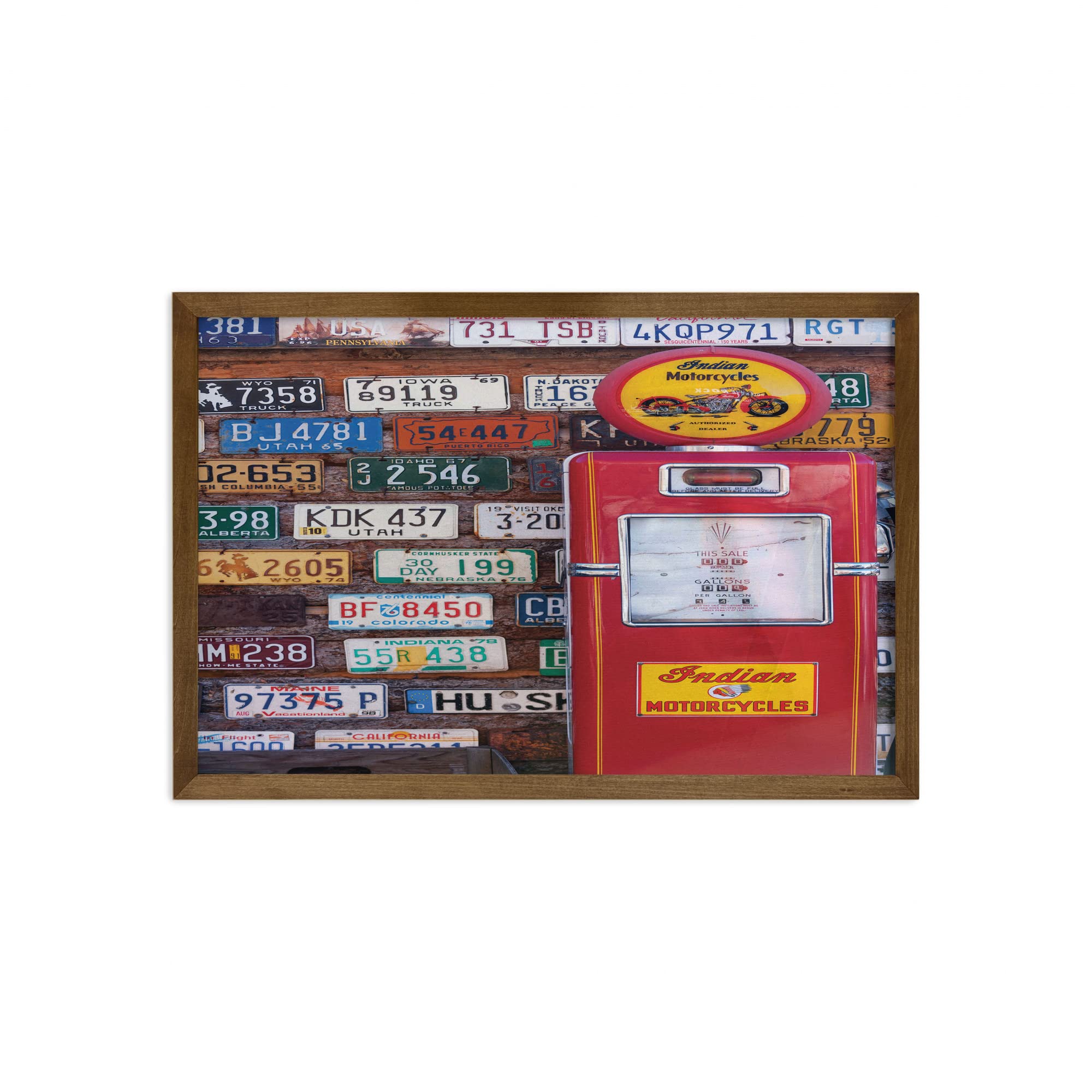 Vintage Americana Wall Art - Framed Antique Gas Pump & Old License Plates Decor, 35