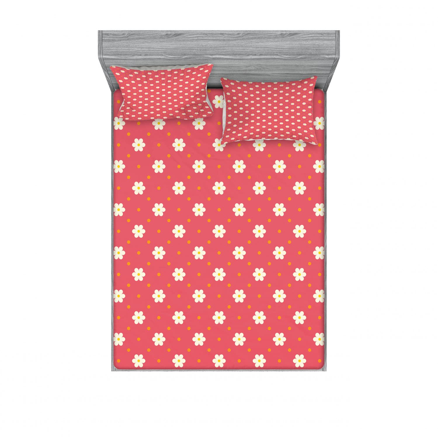 Ambesonne Floral 2-Piece Full Size Fitted Sheet Set with 4 Pillow Shams - Daisy Pattern Pink White Marigold Bedding Decor for Guest Room, Dorm & Vacation Home
