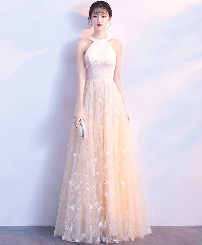 Elegant Champagne Lace Tulle Long Prom Dress for Women - Formal Evening Gown for Homecoming, Ball, Wedding & Special Occasions