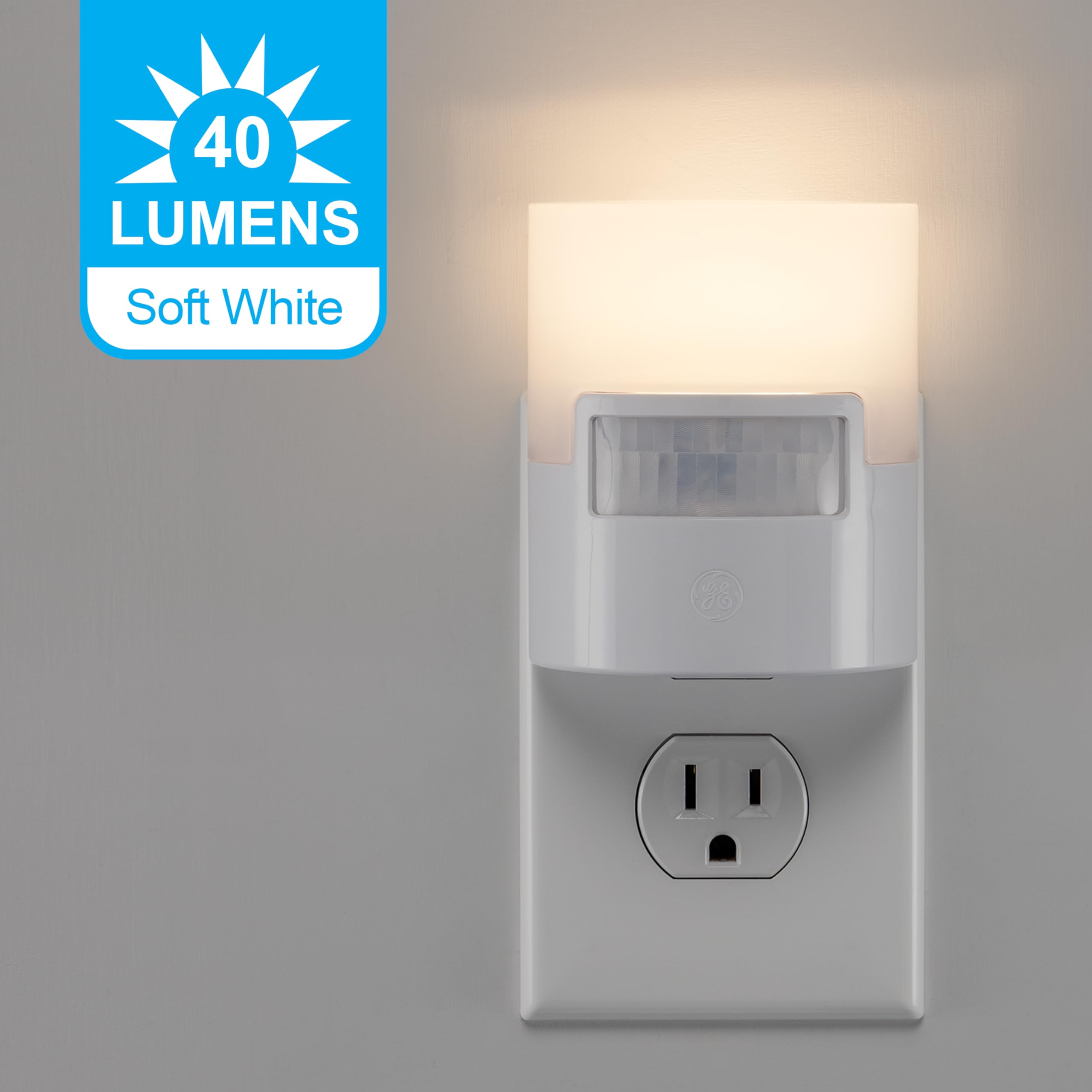 GE LED Motion Sensor Night Light - 40 Lumens Soft White Plug-in Wall Light, UL Certified Energy Efficient Nightlight for Bedroom, Bathroom, Kitchen & Hallway (White, 1 Pack) - Perfect for Safe Nighttime Navigation and Child Safety
