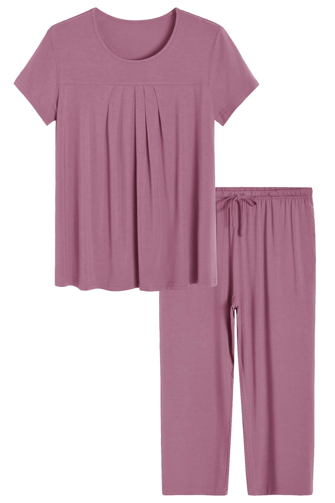 Soft & Breathable Women's Bamboo Pajama Set - Pleated Top & Capri Pants for Comfortable Sleep & Lounge Wear - Perfect for Nighttime Relaxation, Spa Days & Cozy Evenings at Home