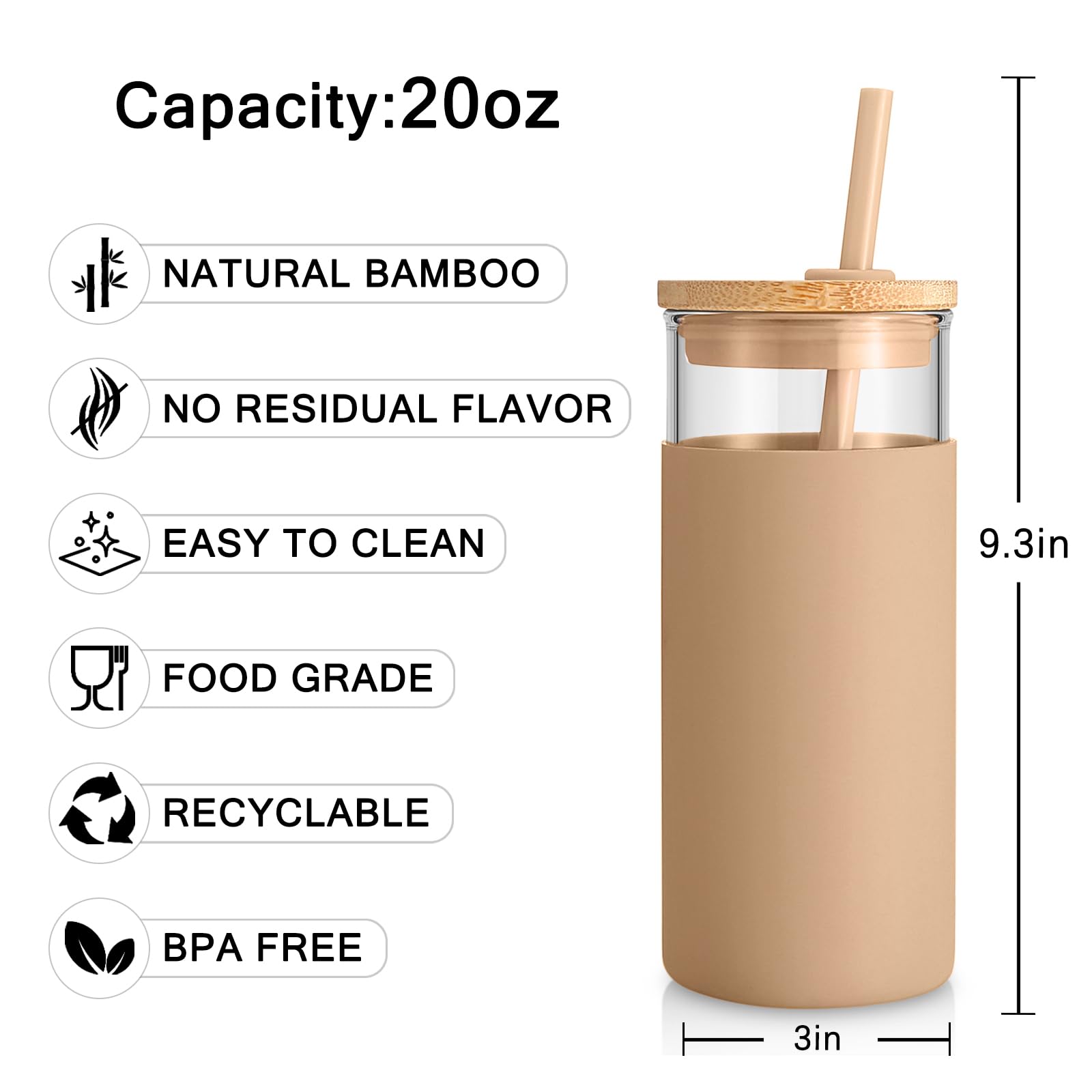 20 oz Glass Tumbler with Bamboo Lid & Silicone Sleeve - BPA Free Reusable Water Bottle with Straw - 8 Pack White Tumblers for Home, Office, Gym & Outdoor Activities