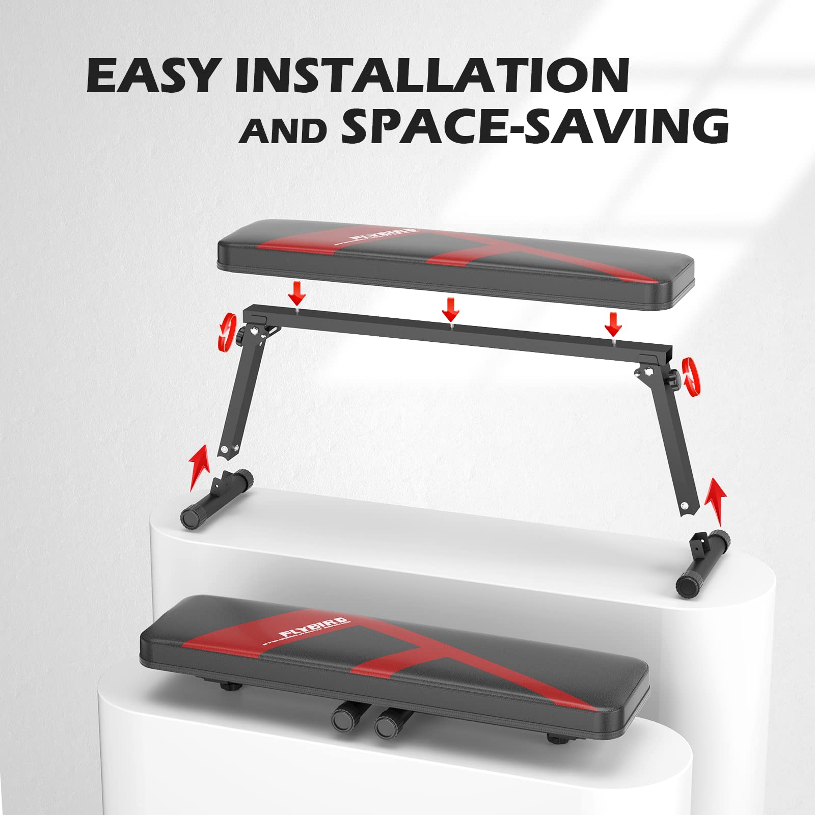 FLYBIRD Foldable Flat Weight Bench for Home Gym - 600/1000 LBS Capacity Strength Training Bench for Bench Press & Workouts - Easy Assembly Space-Saving Design - Perfect for Home Fitness, Garage Gym & Small Spaces