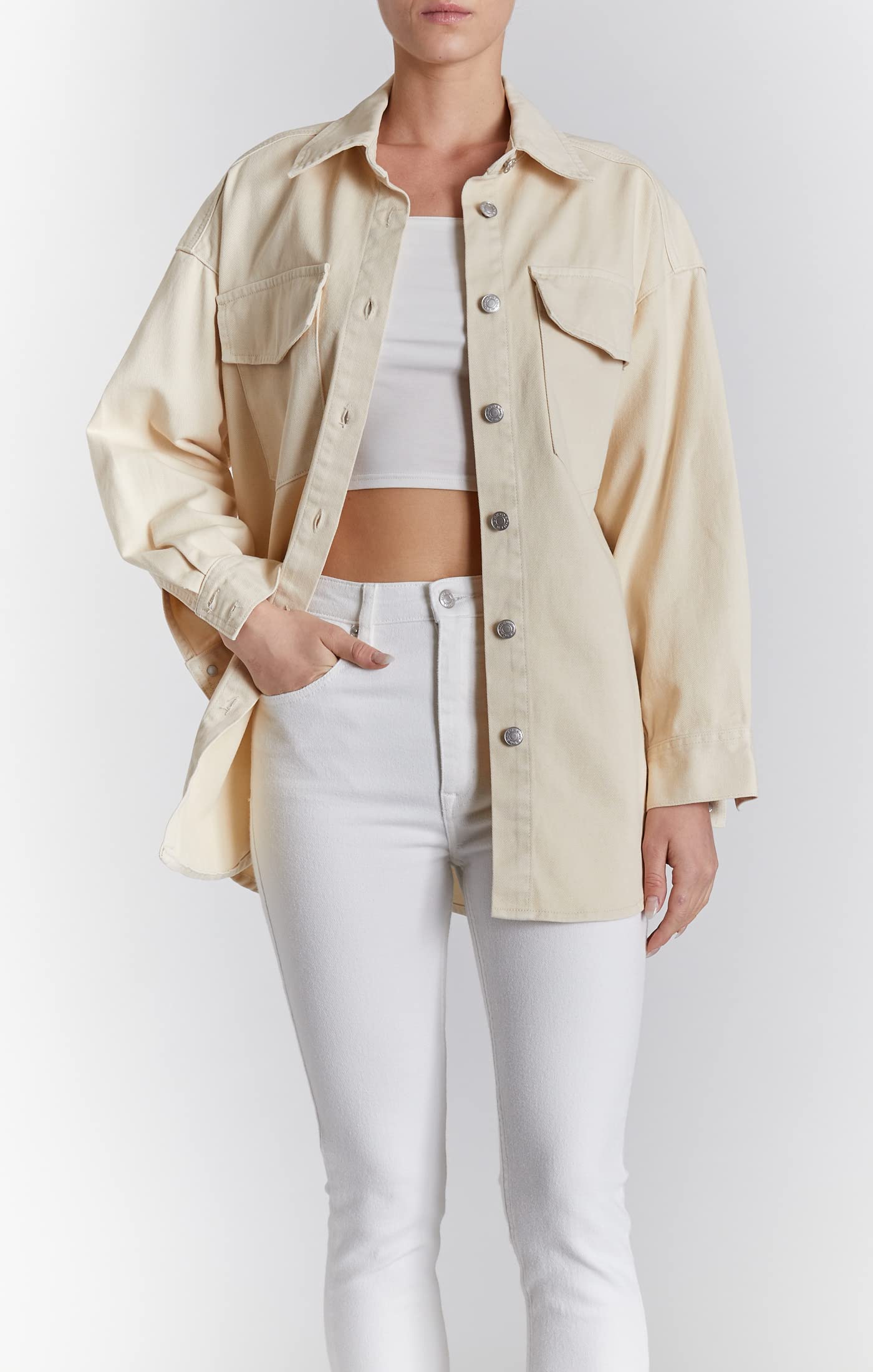 O A T NEW YORK Women's Luxury Denim Jacket Shacket - Long Sleeve Button Down Jacket for Women, Comfortable & Stylish Outerwear - Perfect for Casual Outings, Office Wear & Fall Layering