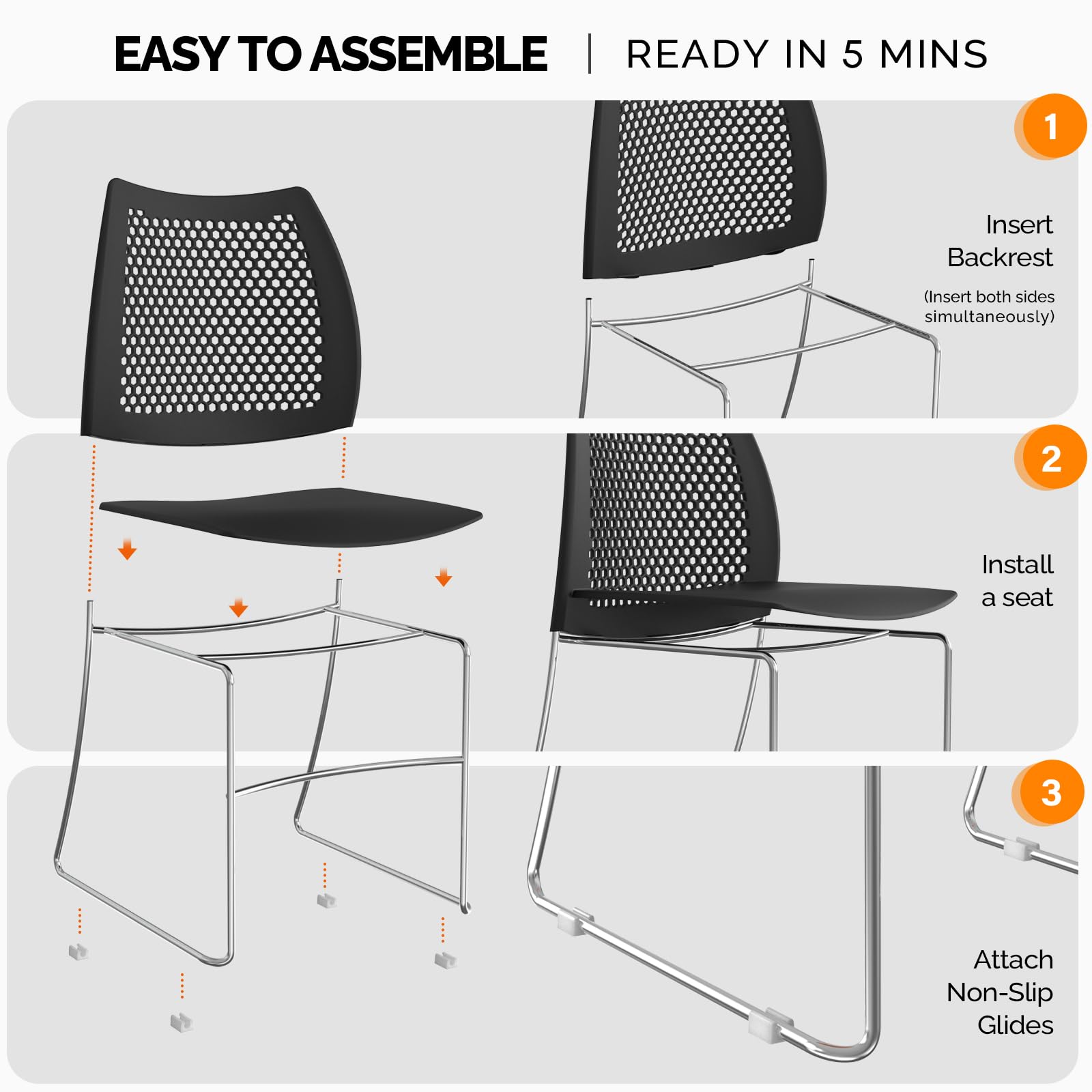 VINGLI 8-Pack Stackable Office Chairs - Heavy Duty Metal Sled Base with Ergonomic Plastic Seat & Ventilated Back - Perfect for Waiting Rooms, Break Rooms, Banquets & Guest Seating (Black) - Space Saving Stacking Design for Home & Commercial Use