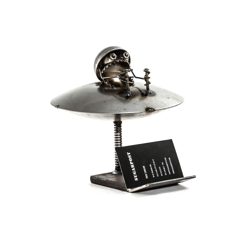 Sugarpost Metal Sculpture - Gnome Be Gones Card Holder - Unique UFO Design for Home & Office Decor - Perfect Gift for Collectors and Fantasy Lovers