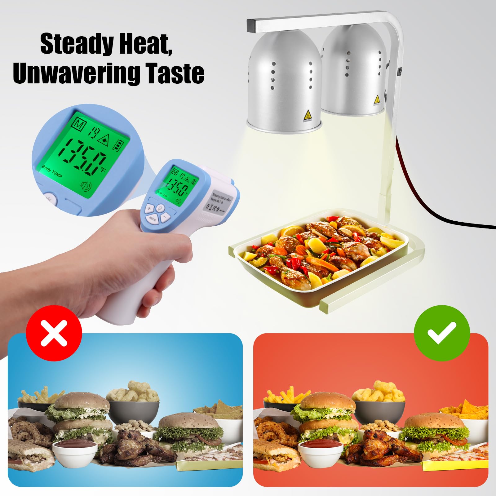 Commercial Food Heat Lamp with Adjustable Height Stand - 2 x 250W Bulbs for Fast & Even Heating | Perfect for Restaurants, Buffets, Bakeries & Home Kitchens | Keep Food Warm for Serving & Display