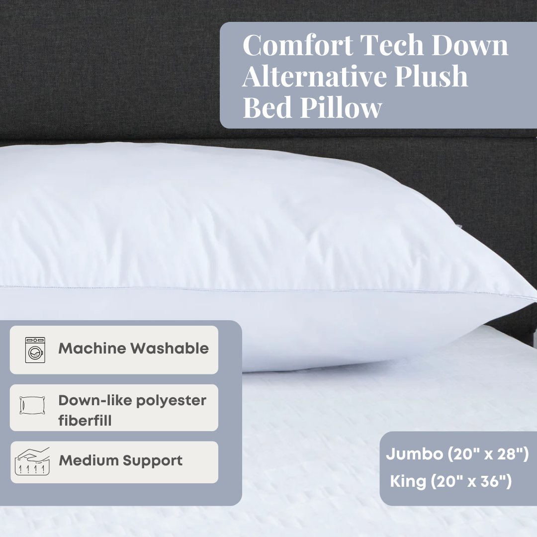Comfort Tech Down Alternative Plush Bed Pillow - Ultra Soft Hypoallergenic Pillow for Side, Back & Stomach Sleepers - Perfect for Home, Hotel & Travel Use