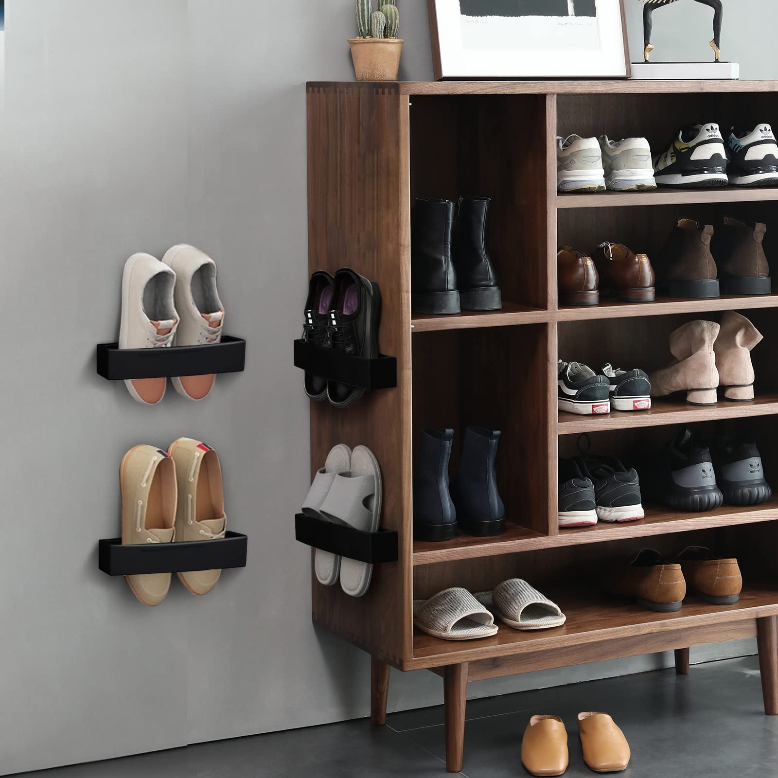 Adjustable Wall Mounted Shoe Rack - 6 Pack Plastic Shoe Holder Organizer for RV, Closet & Door Storage - Space Saving Hanging Shoe Shelf with Screw Stickers (Black) - Perfect for Small Apartments, Dorms & Entryway Organization