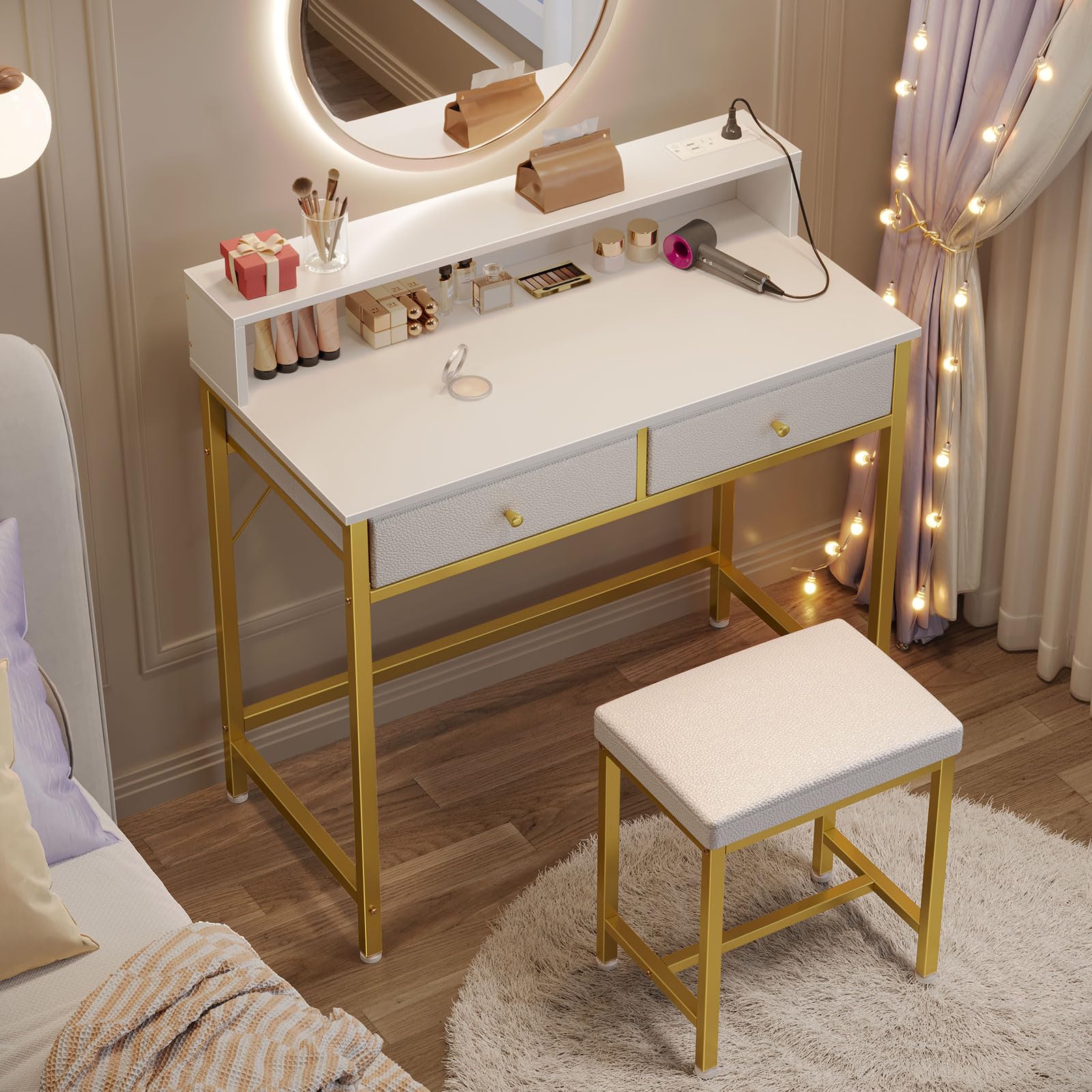 Seventable Vanity Desk Without Mirror - White & Gold Makeup Vanity with Drawers, Charging Station & Storage | Small Space Bedroom Desk, Home Office Computer Table | Perfect for Cosmetics Organization, Work from Home & Apartment Living