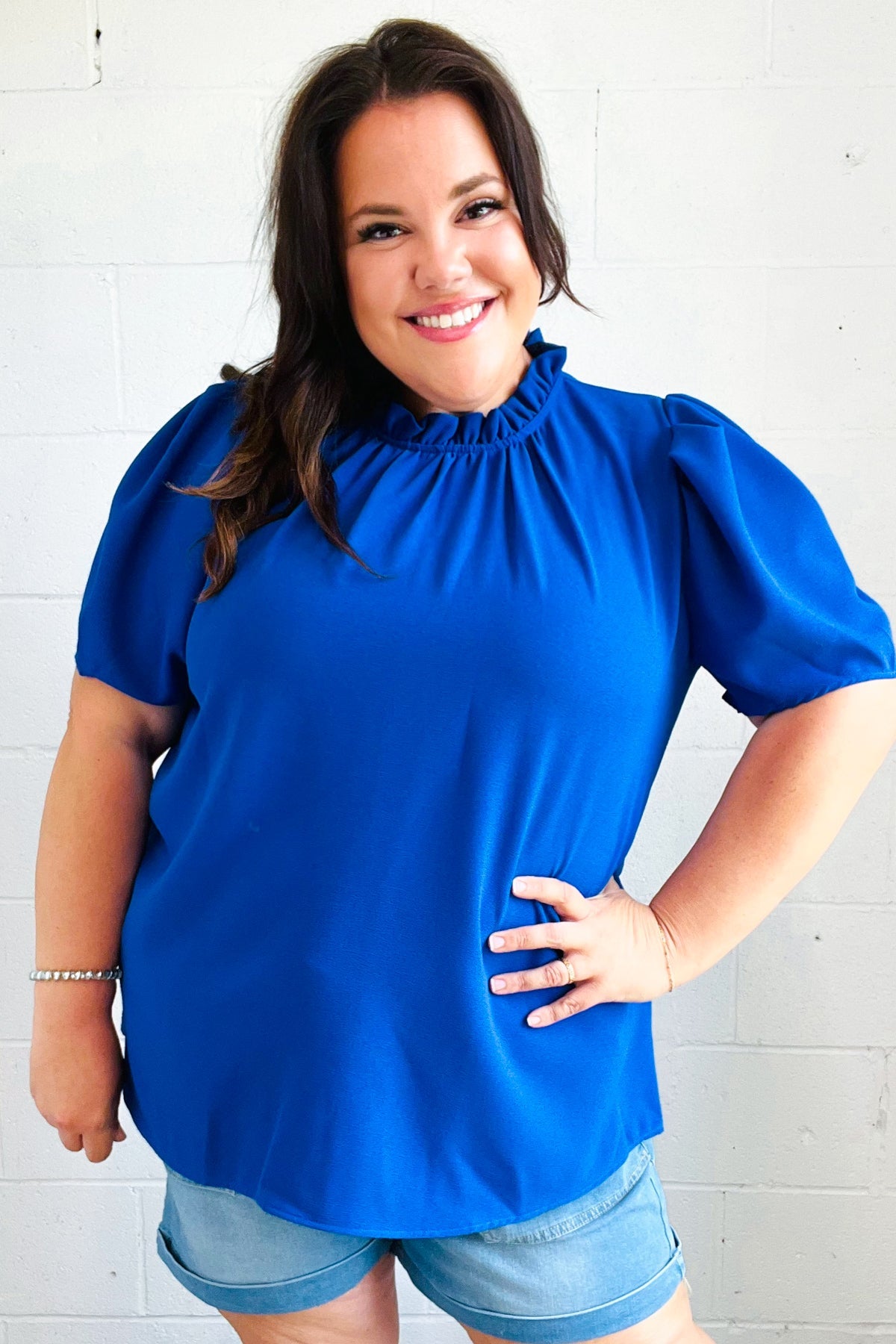 Stylish Blue Frill Mock Neck Woven Top for Women - Perfect for Holiday Parties & Casual Outings