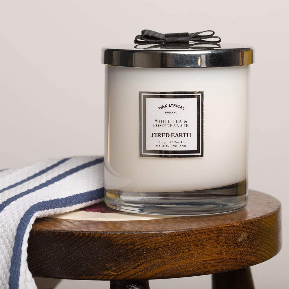 Wax Lyrical Fired Earth Collection White Tea & Pomegranate Scented Candle - Large Twin Wick Glass Jar (75-Hour Burn Time) - Handmade in England - Perfect for Home Decor, Relaxation & Aromatherapy