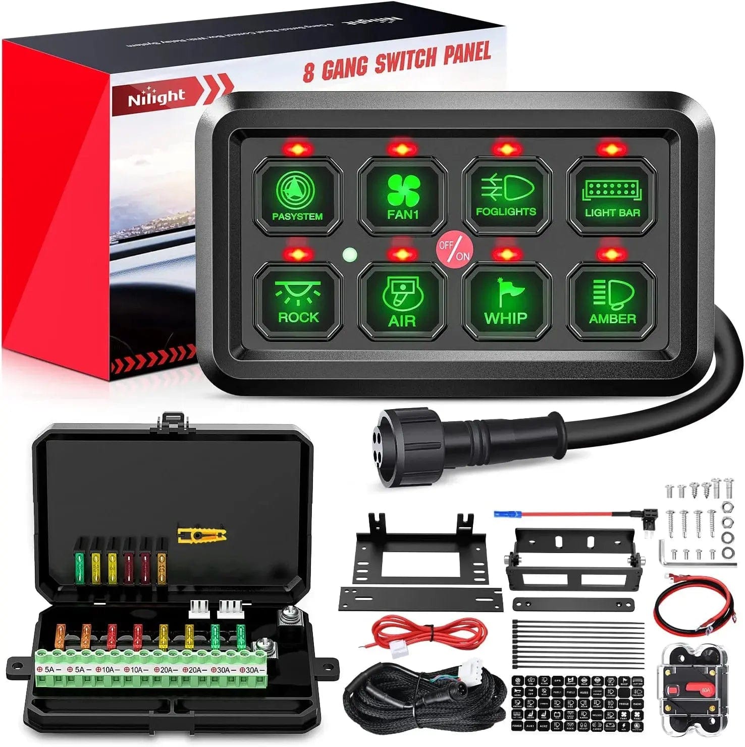 8 Gang Marine Rocker Switch Panel with LED Indicators - Waterproof Boat Switch Panel for Dashboards, RVs, Trucks, and Marine Applications