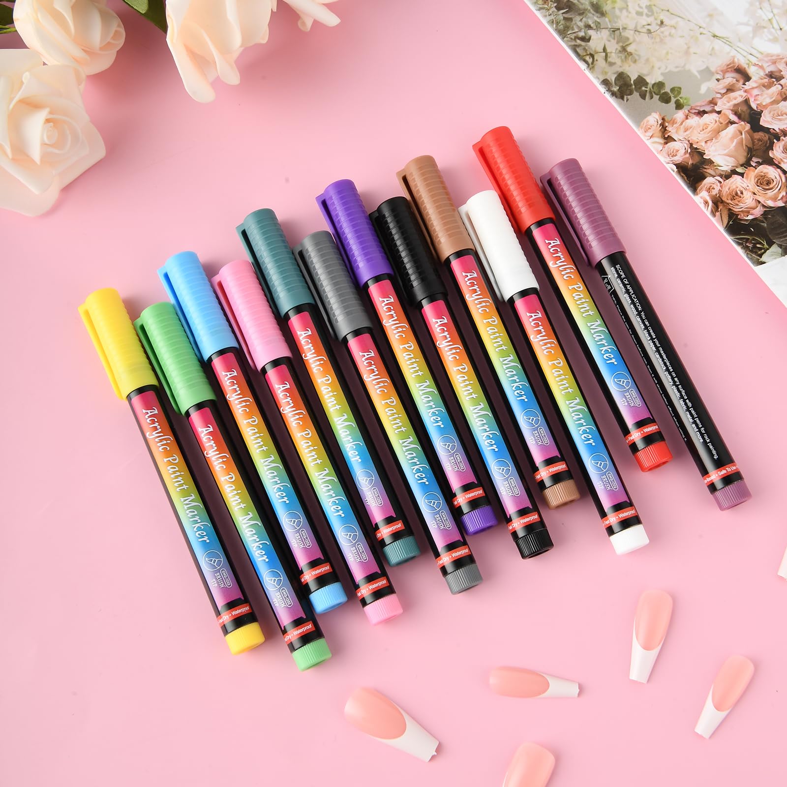 12 Colors Nail Art Pens Set - Waterproof Quick Dry Acrylic Nail Polish Pens with Soft Bristle Tips for Professional Nail Design, Dotting, Drawing & Liner Brush | Perfect for Home Manicures, Salon Nail Art & DIY Beauty Projects