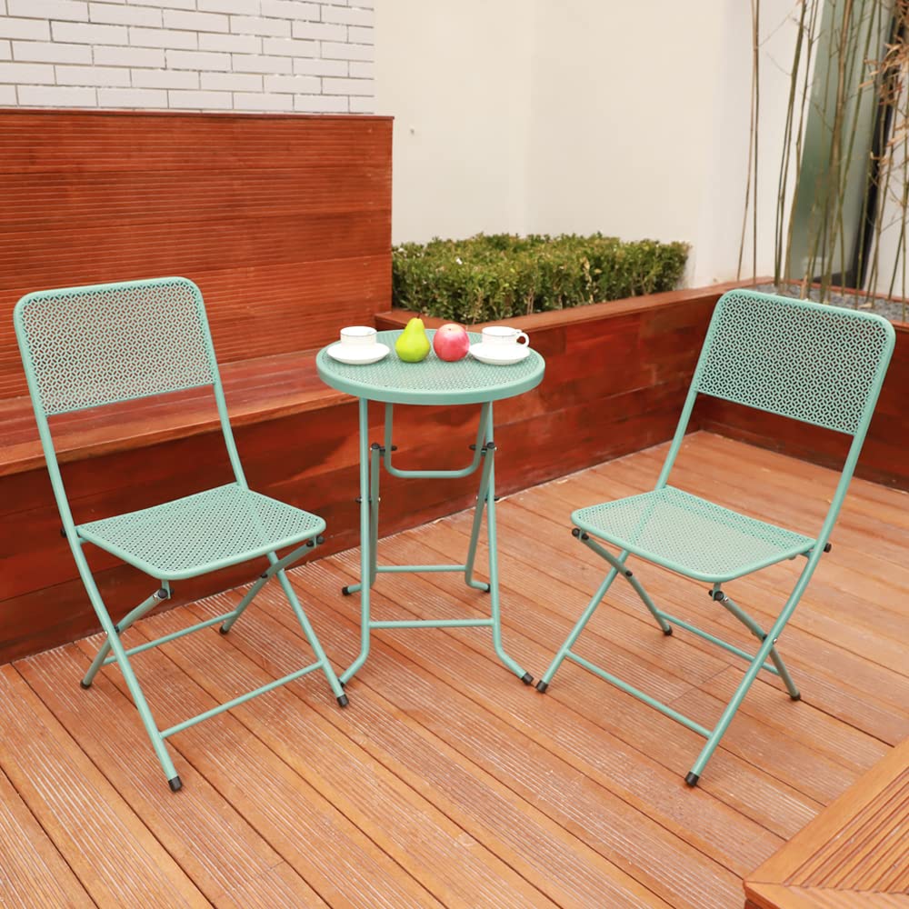 3-Piece Outdoor Bistro Set - Foldable Round Table & 2 Chairs, All-Weather Metal Patio Furniture for Garden, Porch, Poolside, Deck, Balcony - Perfect for Dining, Relaxing & Entertaining Guests (Blue)