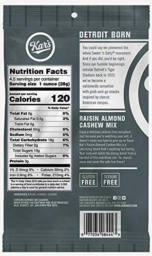 Kar's Raisin Almond Cashew Mix - 4.5oz Bags (Pack of 12) | Healthy Snack for Hiking, Office & On-the-Go | Gluten-Free Trail Mix with Nuts & Dried Fruit