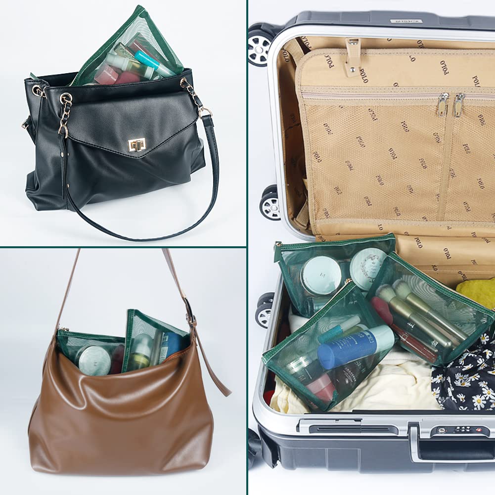 3pcs Mesh Cosmetic Bags Set - Nylon Makeup Pouches with Leather Pull & Gold Zipper for Travel Organizer, Purse, Diaper Bag (Emerald Green) - Perfect for Gym, Vacation & Daily Essentials Storage
