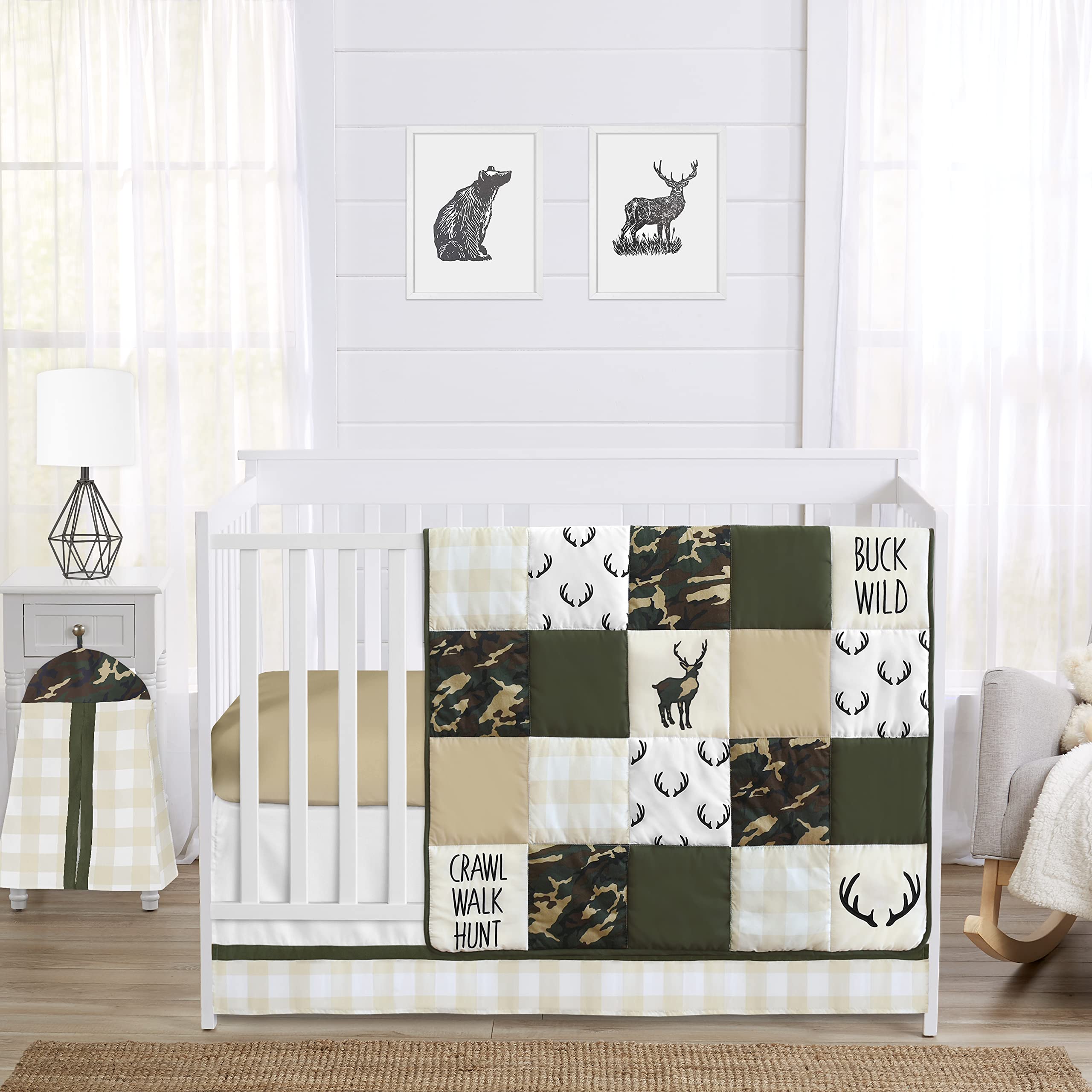 Sweet Jojo Designs 4-Piece Baby Crib Bedding Set for Boys - Woodland Camo Deer Theme with Blanket, Fitted Sheet, Skirt & Diaper Stacker | Forest Green, Camouflage, Rustic Stag & Beige Plaid Nursery Decor | Perfect for Newborns, Infants & Cozy Nursery Setup