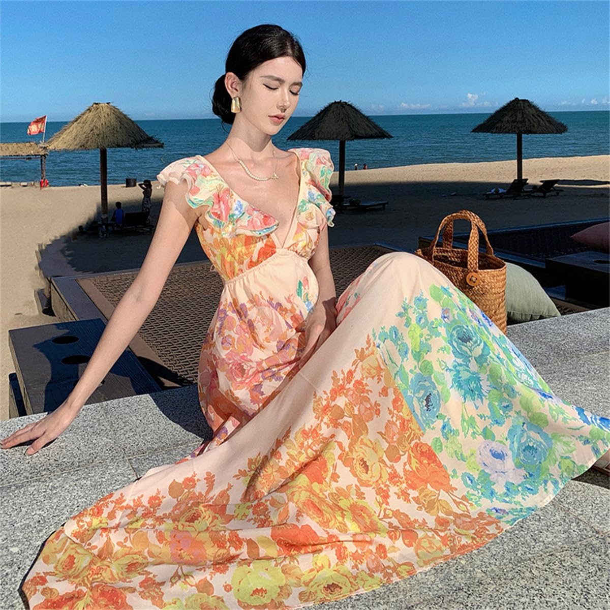 Aurelio Floral Summer Dress for Women - Boho Flowy V-Neck Midi Dress with Smocked Waist, Spring Fall Wedding Guest Dress | Perfect for Beach Vacations, Garden Parties & Special Occasions