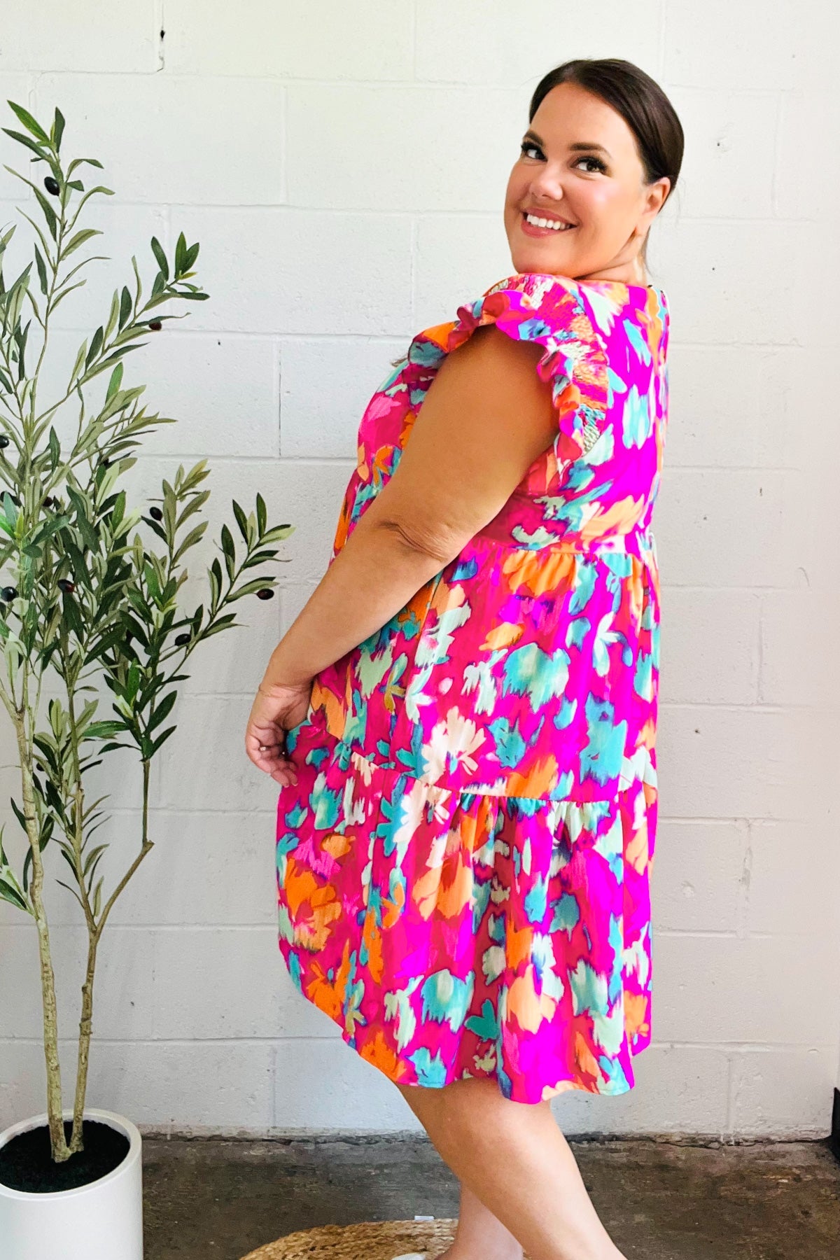 Look of Love Fuchsia Abstract Floral Print Smocked Ruffle Sleeve Dress for Women | Elegant Party & Wedding Guest Outfit