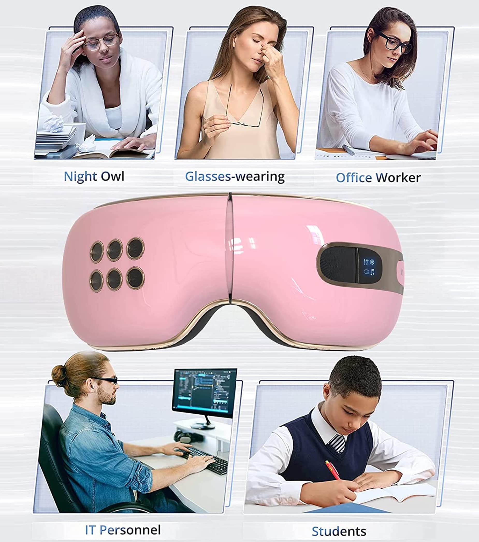 Heated & Cooling Eye Massager for Relaxation - Relieves Eye Strain, Dry Eyes, Dark Circles & Puffiness | Bluetooth Music Eye Mask for Better Sleep | Perfect Gift for Women & Men (Pink) - Ideal for Office Workers, Students & Travelers