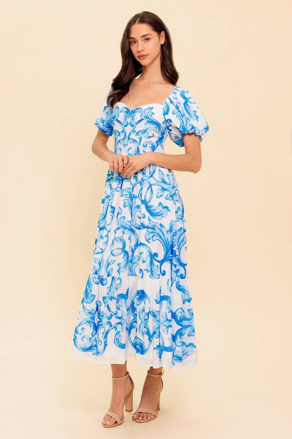 Elegant White & Blue Midi Dress - Flowy A-Line Summer Dress for Women | Perfect for Weddings, Parties & Casual Outings