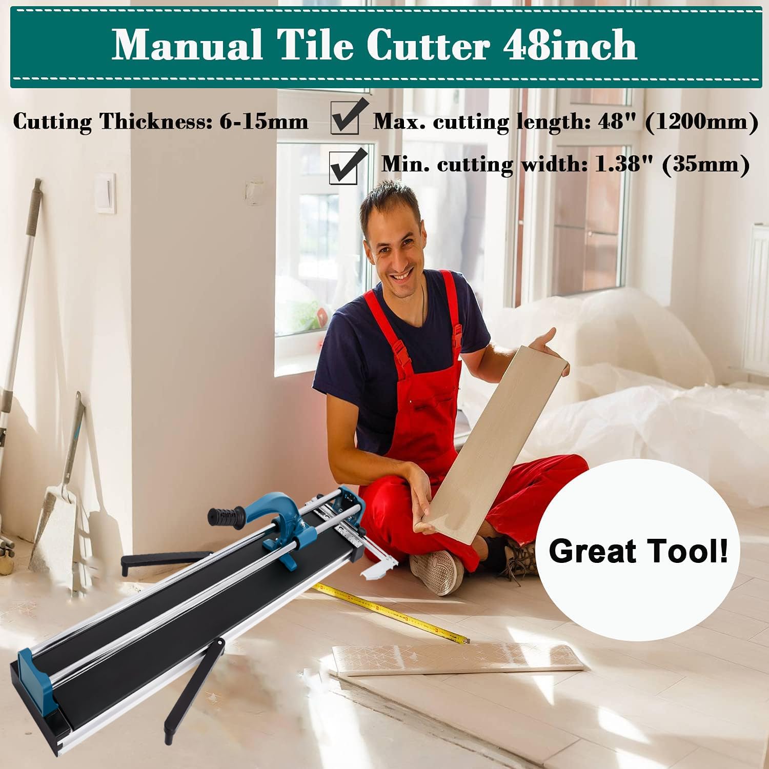 48-Inch Manual Tile Cutter with Laser Guide - Tungsten Carbide Wheel for Porcelain & Ceramic Tiles - Heavy Duty All-Steel Construction - Perfect for Home Renovation, Bathroom Remodeling & DIY Floor Tile Projects