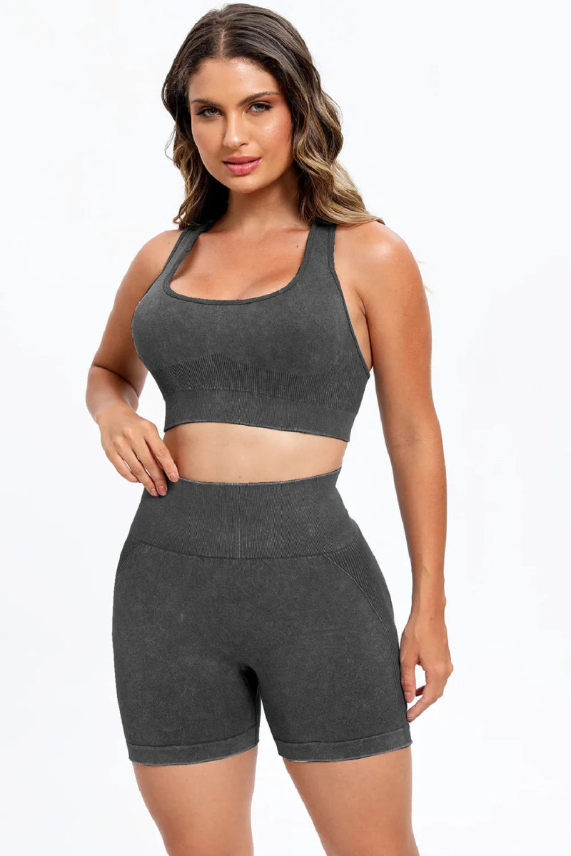 3 Piece Washed Square Neck Wide Strap Active Set for Women - Gym, Yoga & Lounge Wear - Comfortable Workout Outfit for Running & Pilates