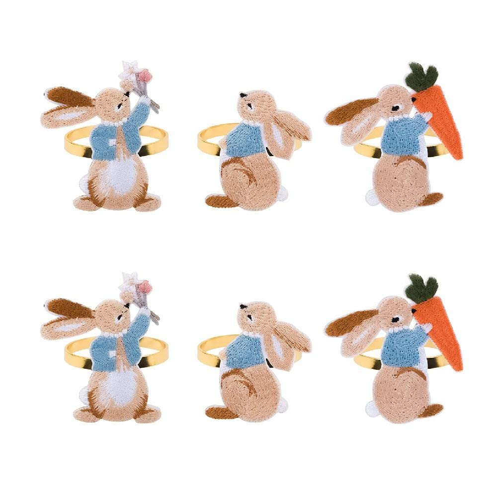 6-Piece Metal Embroidered Easter Bunny Napkin Rings Set - Elegant Rabbit Design for Easter Party, Holiday Table Decor, Kitchen & Dining Room Settings - Perfect for Spring Celebrations & Festive Gatherings
