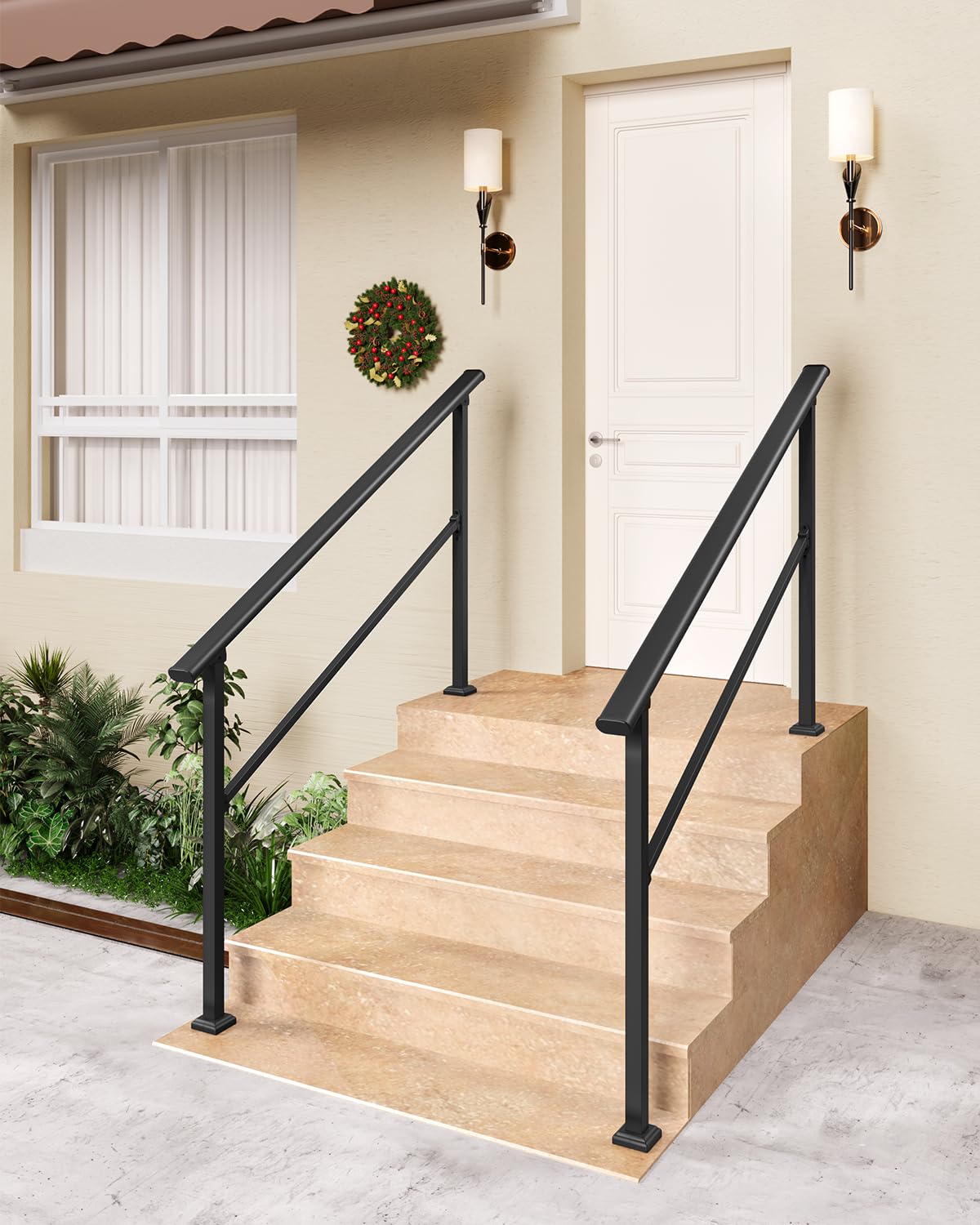 GARVEE 3-Step Outdoor Metal Handrail - Black Finish Stair Railing for Steps, Porch, Deck & Patio Safety