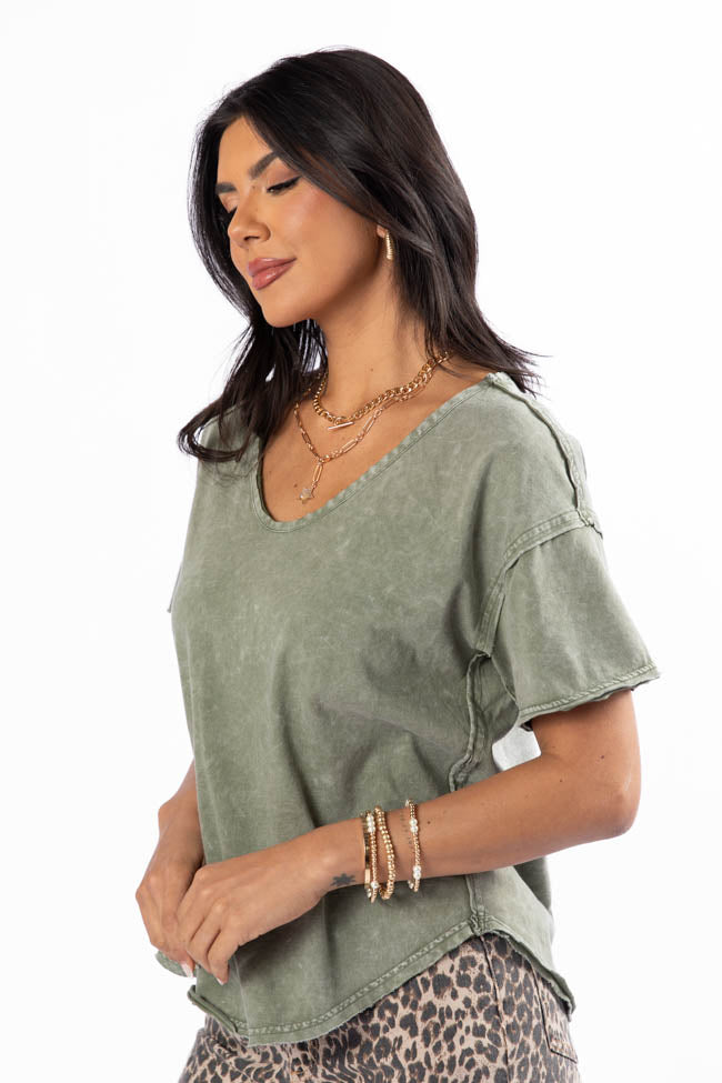 Tell Me About It Olive Acid Wash Scoop Neck Tee - Vintage Distressed Women's T-Shirt for Casual Wear & Street Style | Final Sale