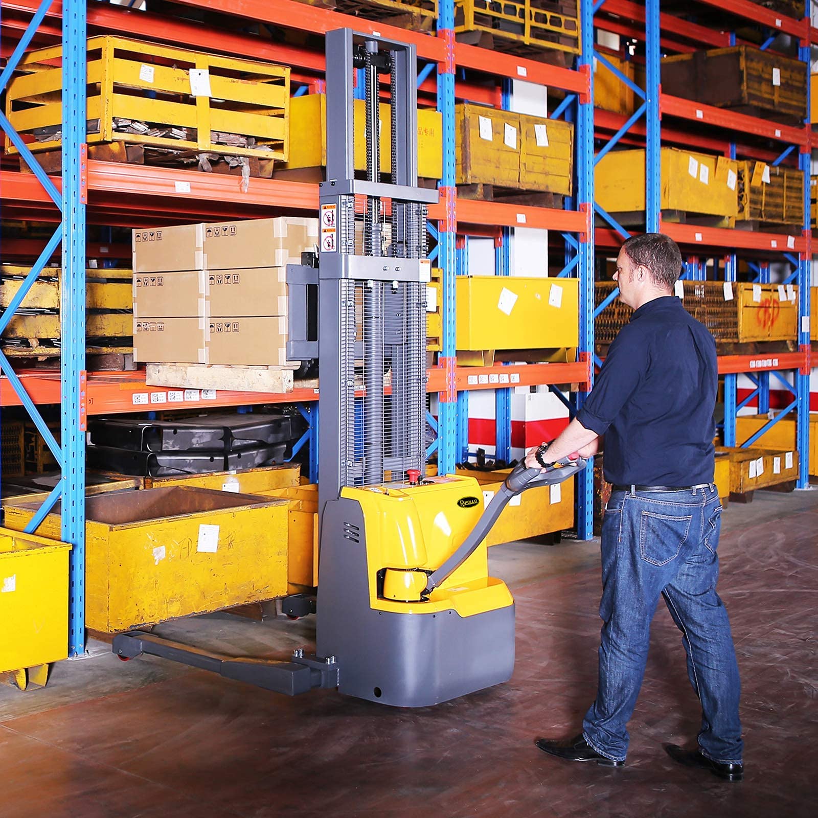 APOLLO 3300lbs Electric Stacker Forklift - Adjustable Forks & Legs, 98'' Lifting Height - Narrow Space Warehouse & Factory Material Lifter | Ideal for Pallet Handling, Loading Docks & Tight Storage Areas
