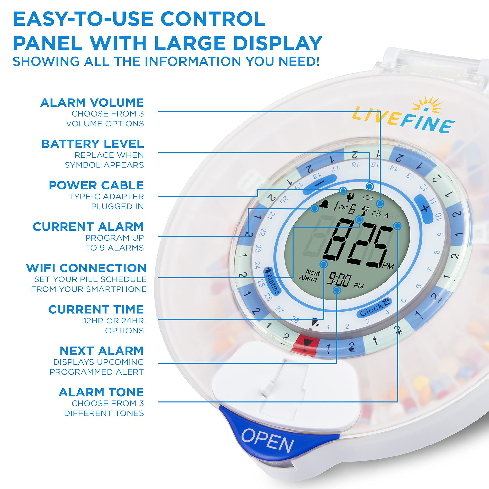 LiveFine Smart WiFi Automatic Pill Dispenser - 28-Day Medication Organizer with 9 Daily Doses, Key Lock & Adjustable Alarms for Prescriptions & Vitamins | Perfect for Elderly Care, Medication Management & Daily Health Tracking