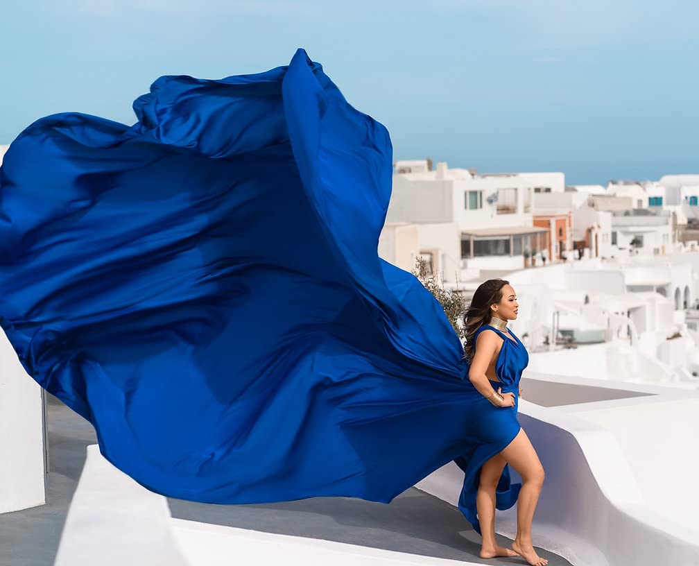 Elegant Long Flying Dress for Photoshoot - Flowy Satin Gown with Train | Santorini Flying Dress for Beach Wedding, Maternity Shoot & Vacation Photography