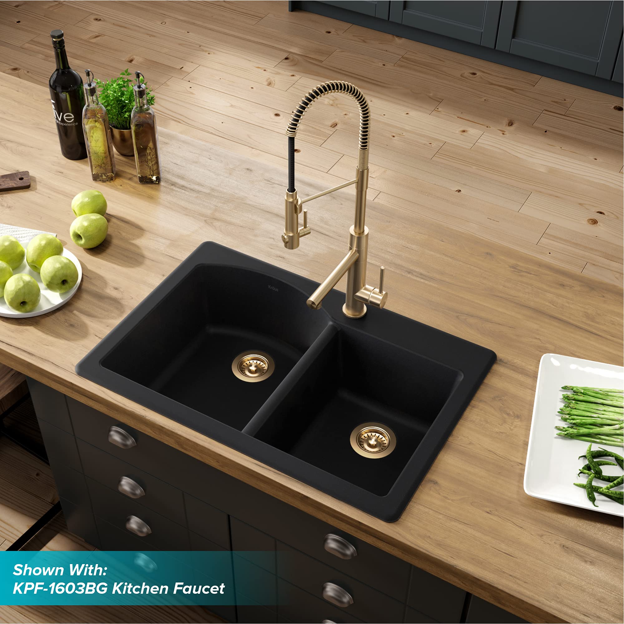 KRAUS Forteza™ 33-Inch Black Granite Dual Mount 60/40 Double Bowl Kitchen Sink with WasteGuard™ Continuous Feed Garbage Disposal (KGD-50BL-100-75MB) - Perfect for Modern Kitchens, Dishwashing, and Food Prep