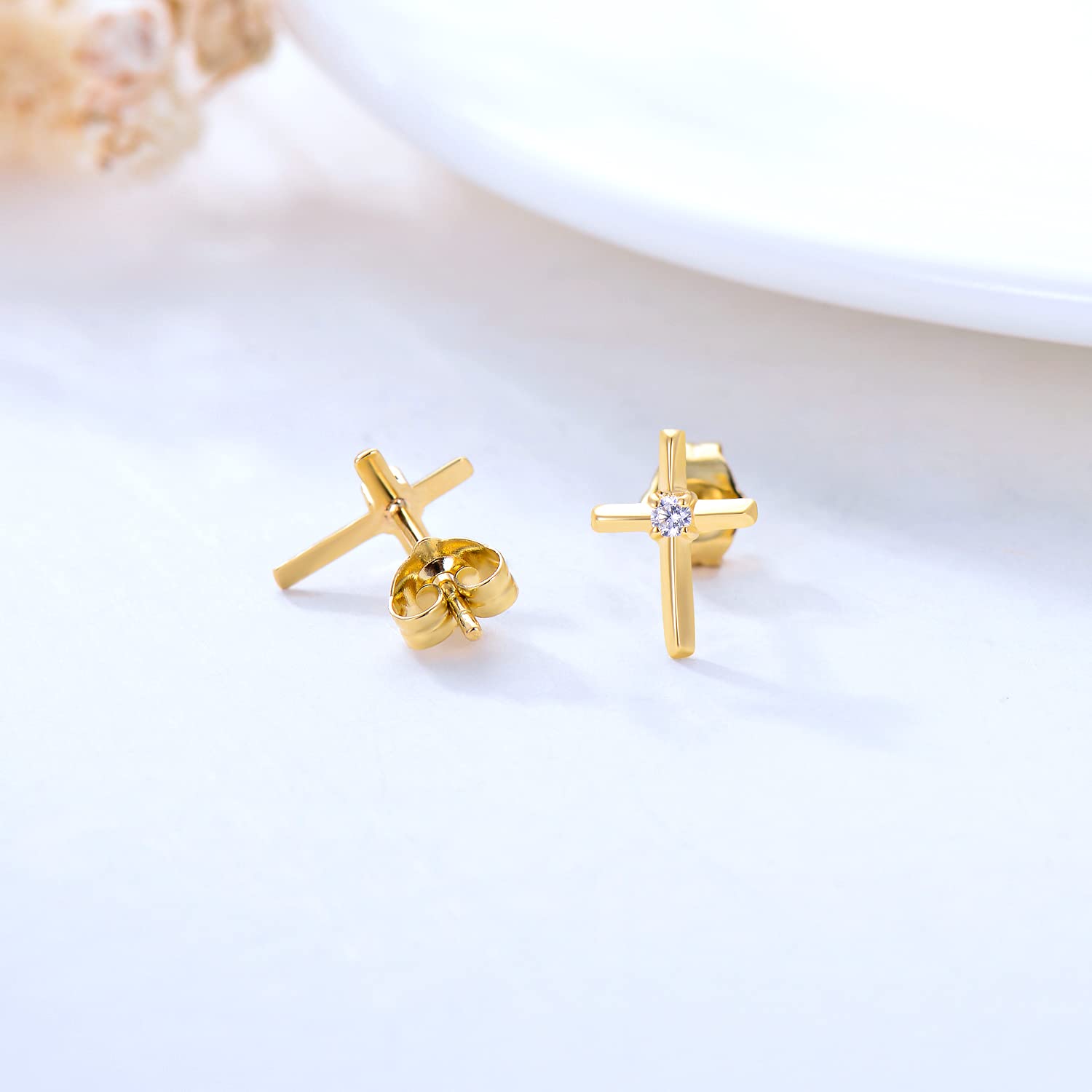 14K Gold Small Cross Stud Earrings for Women - Real 14 Carat Gold Religious Jewelry - Confirmation Gifts for Teen Girls - Perfect for Church, Weddings & Everyday Wear